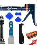 All In One DIY Friendly Caulking And Sealing Kit With Smooth Silicone Caulking Gun Caulk Remover Tool Sealant Finishing Tool And Grout Scraper For Kitchen Bathroom Window And Sink Joints Gift Box Included with tools and gift box displayed.
