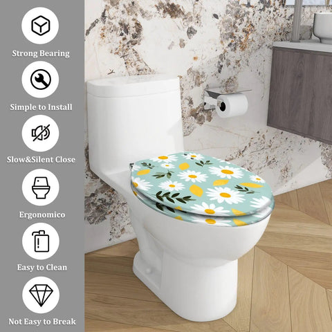 Elongated Toilet Seat Cover Quiet Close for Bathroom, floral design, fits most toilet sizes, easy to clean and install.