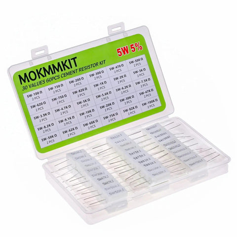 Ceramic Cement Resistor Kit 5W Power Resistors 60 Pieces 30 Values From 100 Ohm To 30K Ohm with labels in open box