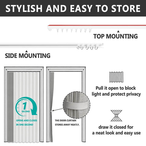 Diagram showing installation of Accordion Door Curtain With Adhesive Track 100 Percent Blackout For Bedroom Closet Or Room Divider Gray 43 Inch Wide