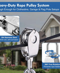 Heavy Duty 304 Stainless Steel Pulley Kit With Extra Long Nylon Rope for Flag Poles clotheslines garage hoists, close-up of pulley system.