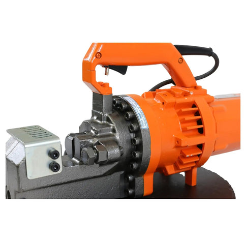 Portable Electric Hydraulic Rebar Cutter Cuts 3/4 Inch Grade 60 Rod In Seconds Heavy Duty Steel Reinforcing Bar Tool For Contractors Fast Clean Cuts DC-20WH Series close-up view of cutter's handle and blade
