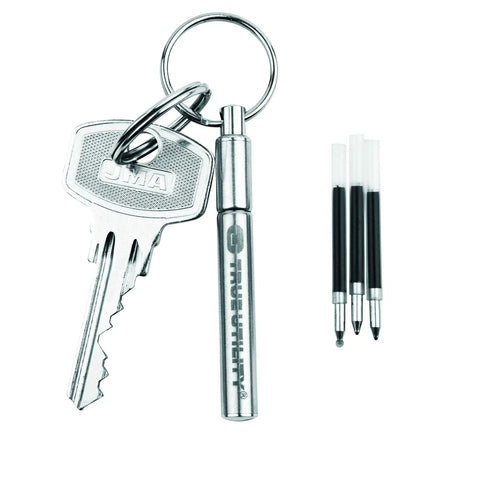 Telescoping Stainless Steel Keychain Ballpoint Pen With Ink Refills Ultra Compact Pocket Pen beside keys and ink refills