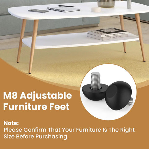 Eight Pack M8 Adjustable Furniture Leveling Feet With Stainless Steel Threads And Screw In Glides displayed next to table