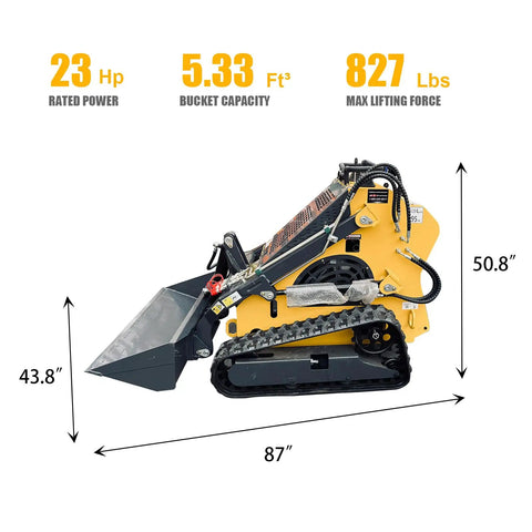 Triangular Track Skid Steer Loader T460 With 43.8 Inch Bucket 23HP Stand On Crawler Machine Hydraulic Drive Compact Track Loader 840 Lb Lifting Capacity A Real Workhorse For Small Jobs USA Stock showing dimensions and specs