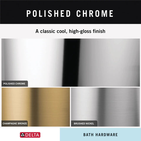 Polished chrome, champagne bronze, brushed nickel finishes comparison; bath hardware caption visible.