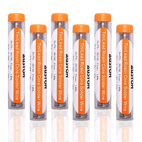 Six Pack 60-40 Rosin Core Solder Wire Tin Lead For Electronics Soldering Tools 0.8mm Diameter 20g Each in orange-capped tubes