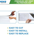 Person cutting Premium Air Vent Filters For Home And AC Kit to fit, showing easy installation on vent using electrostatic media.