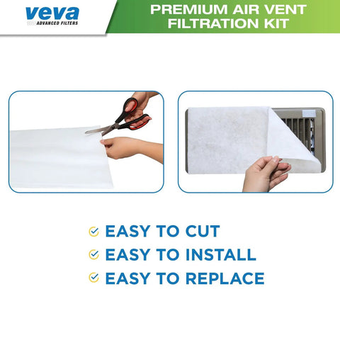Person cutting Premium Air Vent Filters For Home And AC Kit to fit, showing easy installation on vent using electrostatic media.