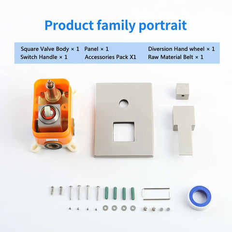 Two Way Shower Diverter Valve Kit With Brushed Nickel Finish Wall Mount Dual Function Shower Mixer One Handle Control Easy Install Replacement Rough In Valves Included components displayed