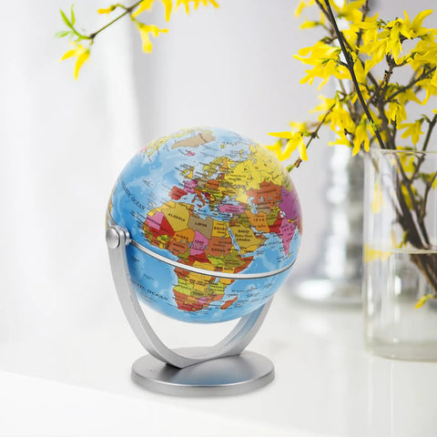 Dope Rotating World Globe With Stand For Adults Educational Decorative Tellurian Ball Smooth Spin Geography Globe For Classroom Home Office Desk Ornament Blue Tabletop Decor with yellow flowers nearby
