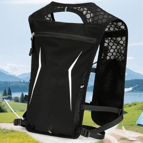 Hydration Vest For Runners And Adventurers Lightweight Water Backpack with Built In Reservoir, black with breathable mesh back.
