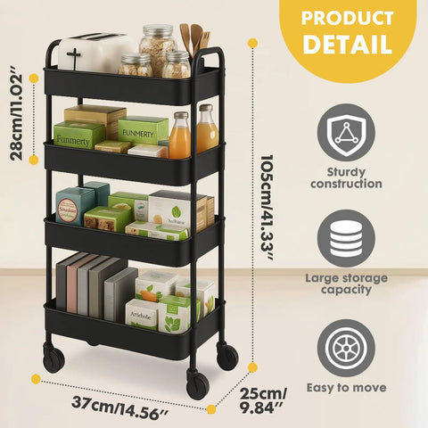 4 Tier Slim Rolling Storage Cart For Tight Spaces - Mobile Bathroom Organizer And Toilet Paper Holder, Space Saving Kitchen, Laundry And Cabinet Shelving Unit, Black with products, 105cm tall