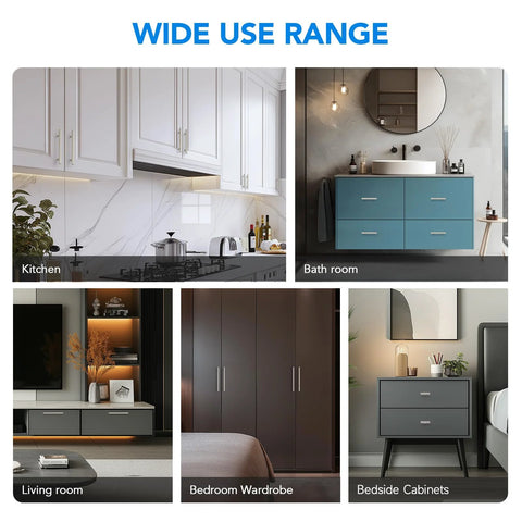 Wide use range of brushed nickel cabinet handles for kitchen, bathroom, living room, bedroom wardrobe, and bedside cabinets.