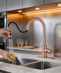 Copper Rose Gold Kitchen Faucet For Deck Mount With Three Way Spray Pause Setting Lead Free 304 Stainless Steel Single Handle Easy Installation Durable Finish And Quick Water Flow with 360° high-arc spout.