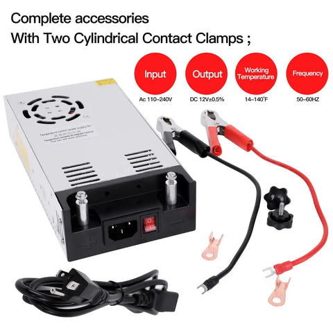 Beefy 12V 50A 600W DC Power Supply Converter From 110V 220V AC To 12V DC Adjustable Output with clamps and cables