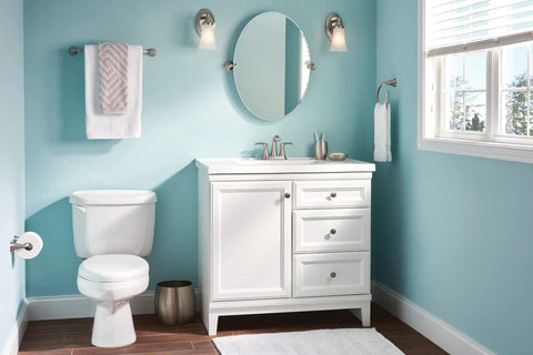 Graeden Two Handle Four Inch Centerset Bathroom Faucet In Spot Resist Brushed Nickel With Easy Temperature Control on white vanity