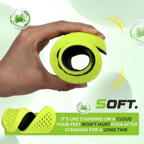 Two Pairs All Day Comfy Insoles For Men And Women With Memory Foam Inserts rolled and shown in hand, highlighting softness.