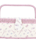Front view of Grab And Go Removable Tray Sewing Basket With Handles For Quilting And Crafts, Vintage Style Needle And Thread Organizer.