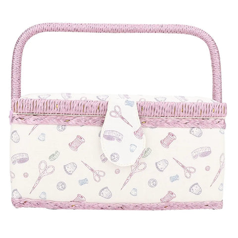 Front view of Grab And Go Removable Tray Sewing Basket With Handles For Quilting And Crafts, Vintage Style Needle And Thread Organizer.