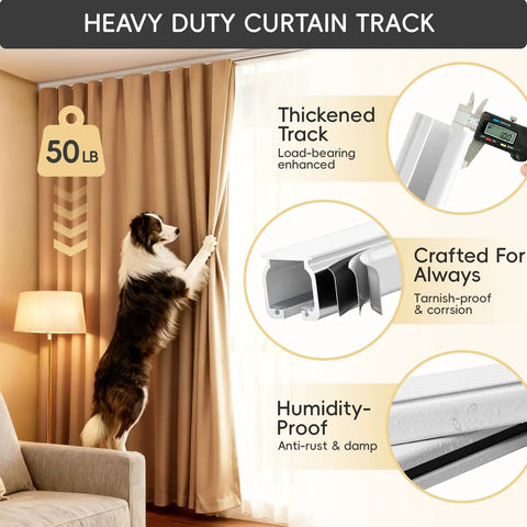 Ceiling Curtain Track With Roller Hooks And Clips White 9ft To 12ft Premium Aluminum Rail in living room with curtains