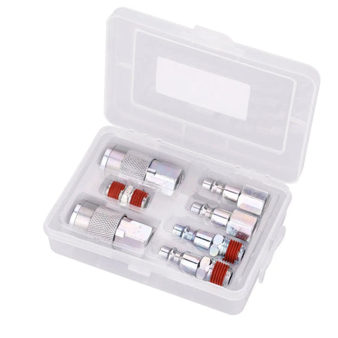 Heavy Duty Industrial One Quarter Inch NPT Air Tool Coupler And Plug Kit 7 Piece Set With Storage Case Zinc Plated Steel 300 PSI Max