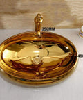 Top Shelf Ceramic Vessel Sink With Faucet Oval Countertop Wash Basin, elegant gold finish, dimensions labeled, ideal for bathroom remodels.
