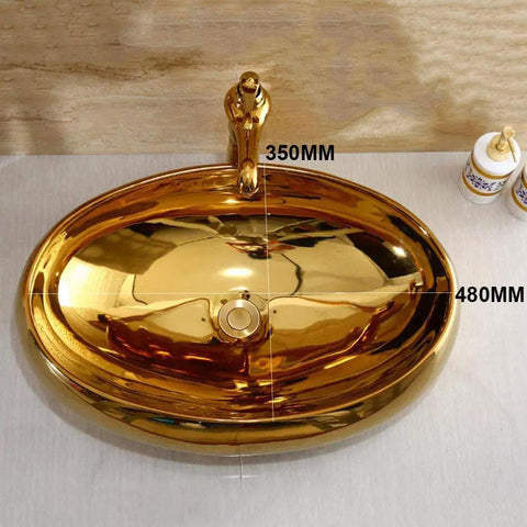 Top Shelf Ceramic Vessel Sink With Faucet Oval Countertop Wash Basin, elegant gold finish, dimensions labeled, ideal for bathroom remodels.
