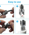 Seimneire 3 Pack Pipe Threading Kit For 1, 3/4 And 1/2 Inch Pipes showing usage steps for drill powered tap die setup.