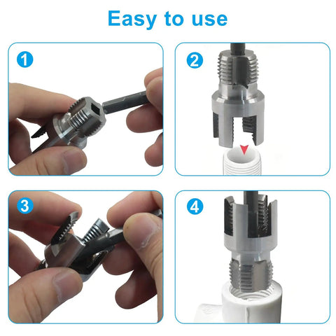 Seimneire 3 Pack Pipe Threading Kit For 1, 3/4 And 1/2 Inch Pipes showing usage steps for drill powered tap die setup.