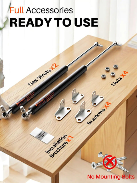 Heavy Duty 20 Inch Gas Struts For Lids And Hatches, 100 Lb Capacity, with brackets and nuts on table