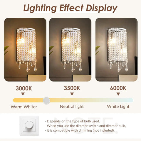 Modern Crystal Wall Sconce With Sparkling Crystal Drops Shade displaying warm, neutral, and white light effects in chrome finish