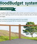 WoodBudget cable railing system on a deck overlooking a scenic landscape, featuring wooden frames and metal cables.