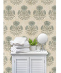 Blue Floral Vinyl Wallpaper With Subtle Leather Texture Finish Paste Required Commercial Grade Wallcovering For Hotels Offices Restaurants Custom Printed Just For You Professional Installation Recommended Solid Performance Room Decor with white towels and a mirror.
