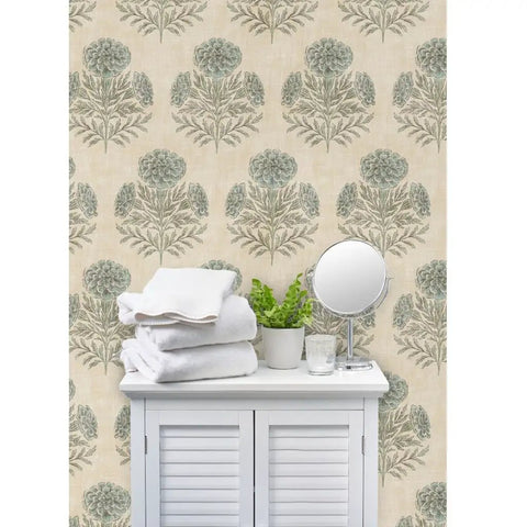 Blue Floral Vinyl Wallpaper With Subtle Leather Texture Finish Paste Required Commercial Grade Wallcovering For Hotels Offices Restaurants Custom Printed Just For You Professional Installation Recommended Solid Performance Room Decor with white towels and a mirror.