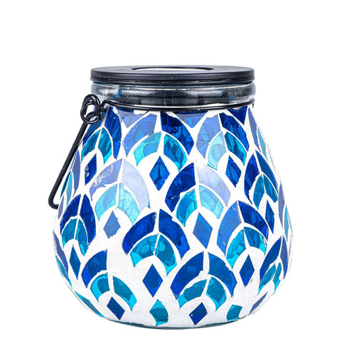 Solar Mosaic Lanterns For Outdoor Lighting, glass hanging lantern with blue hollow mosaic glass and black lid, 1 pack.
