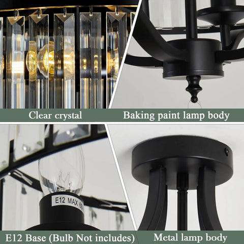 Modern Crystal Chandelier Four Lights Black Semi Flush Mount Ceiling Light Fixture For Dining Room Kitchen Details