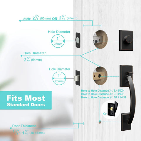 Oil Rubbed Bronze Double Door Handleset With Lever On One Side And Dummy On The Other For Front Or Office Doors Keyed Entry And Dummy Lock Set Heavy Duty Construction EZ Install illustrated dimensions.