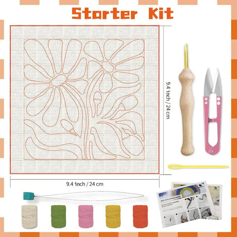 Image of Flower Punch Needle Kit For Beginners Easy Embroidery Starter Set with 9.4 inch square frame, needle, and yarn pack.