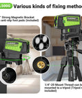5 Point Self Leveling Laser Level with magnetic base mounted on a metal surface and tripod for stable alignment.