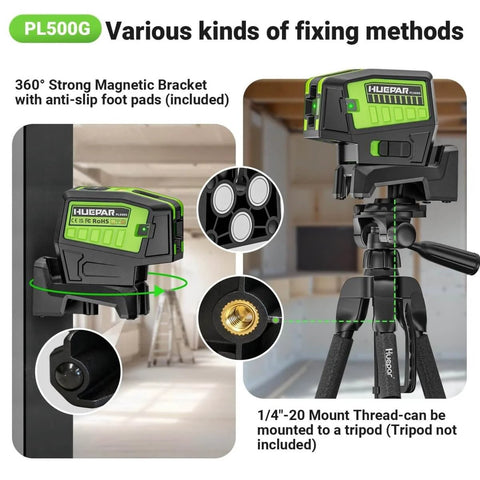 5 Point Self Leveling Laser Level with magnetic base mounted on a metal surface and tripod for stable alignment.
