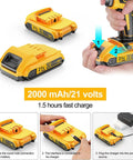 Power Up 21V Cordless Drill Kit With Two Batteries And Charger showing battery connection and charging instructions.