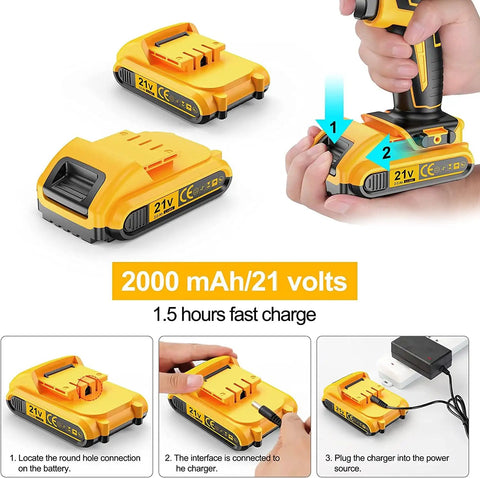 Power Up 21V Cordless Drill Kit With Two Batteries And Charger showing battery connection and charging instructions.