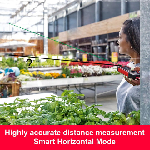 Disto D2G Laser Distance Meter For Pros With 390 Ft Range Green Beam Bluetooth NFC Data Transfer Smart Horizontal Add Subtract Volume 30 Measurement Memory Four Line Display Intelligent End Piece Hand Loop Pouch IP54 Indoor Use measuring greenhouse distance