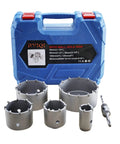 Badass Heavy Duty 6 Piece Concrete Hole Saw Set With SDS Plus Shank Tungsten Steel Carbide Masonry Drill Bits in blue case.
