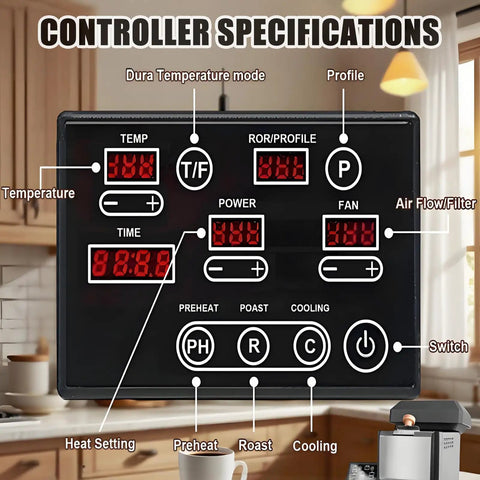 Controller panel of Smooth Sailing Countertop Electric Coffee Roaster Machine For Home Use, showing settings and digital displays.