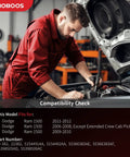 Mechanic working on Dodge Ram 1500 engine with hydraulic power steering rack and pinion assembly compatibility information.