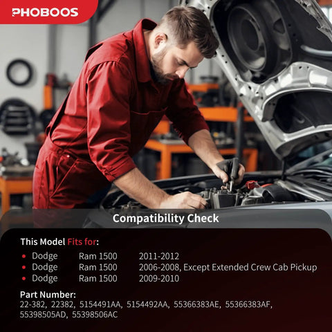 Mechanic working on Dodge Ram 1500 engine with hydraulic power steering rack and pinion assembly compatibility information.