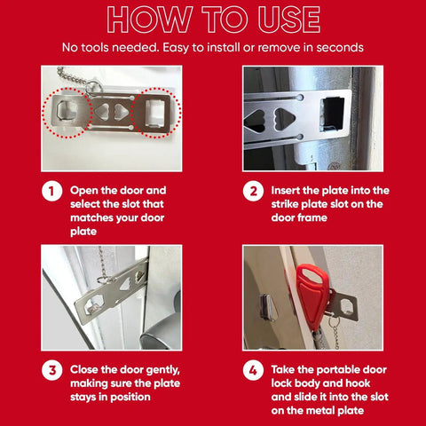 Instructions for installing Door Lock For Extra Security And Privacy While Traveling Portable Travel Lockdown Prevent Entry.