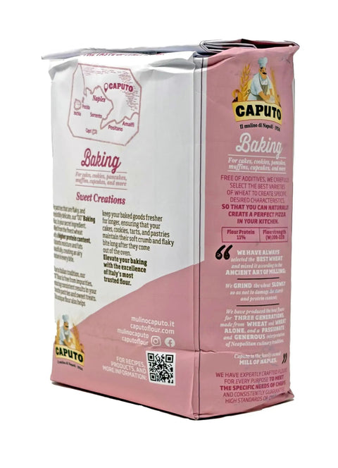 Back view of Type 00 Pastry Flour From Italy For Desserts And Shortbreads, 2.2 Lb Bag Pack Of 4 with detailed packaging text